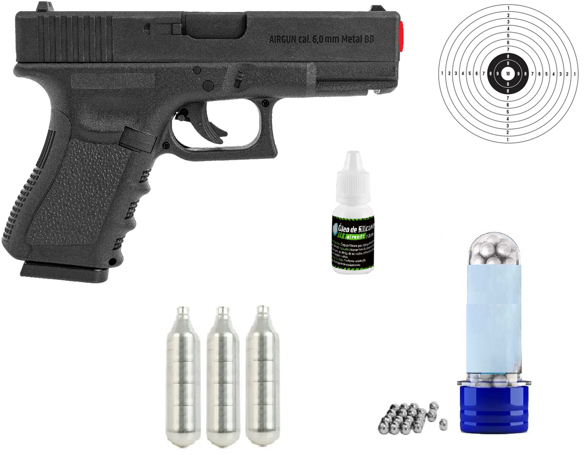 Kit Pistola de Pressão Airgun Rossi G11 Glock Esfera de Aço 6mm